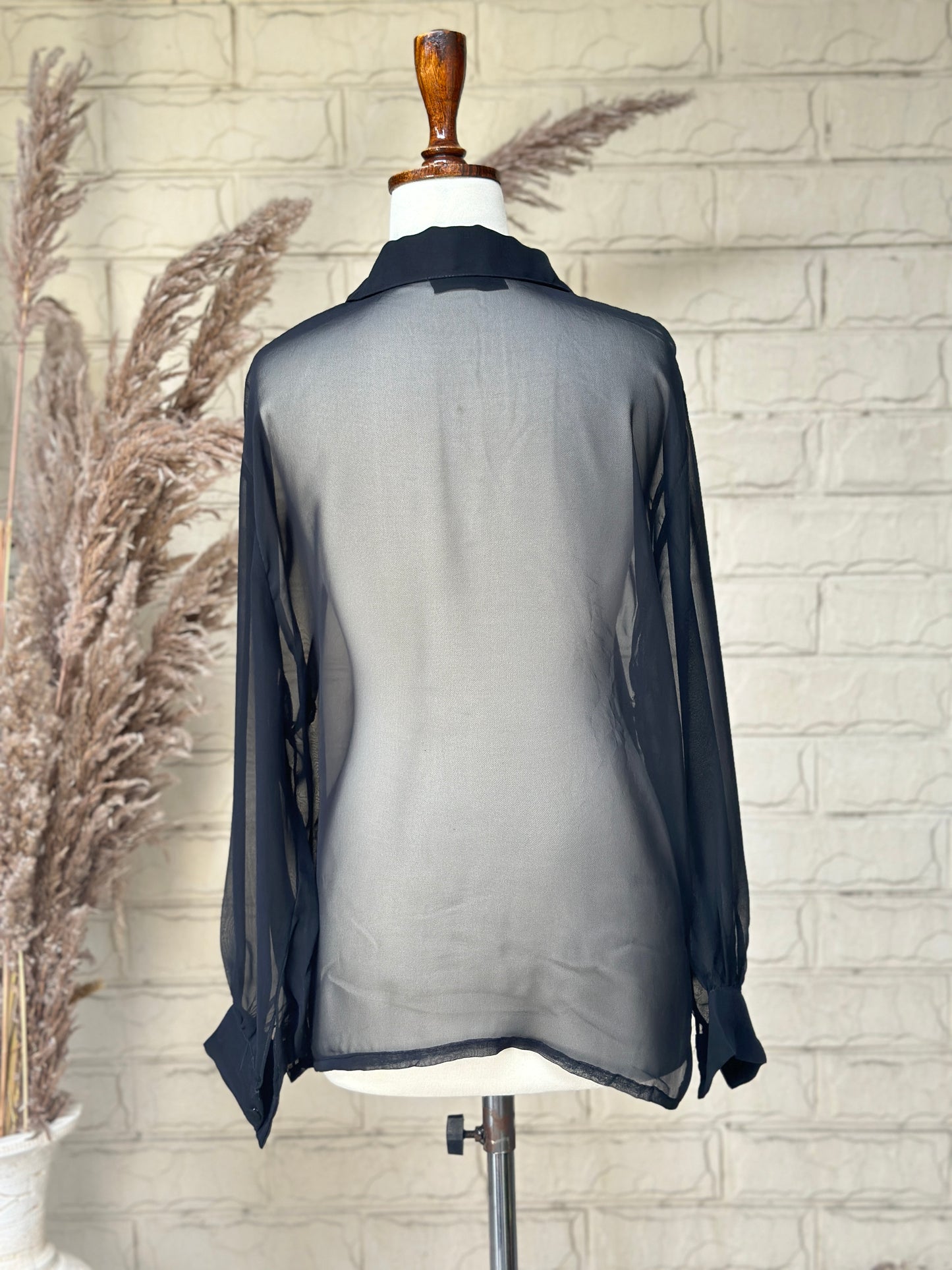 Black Sheer Chiffon Button-Down Shirt