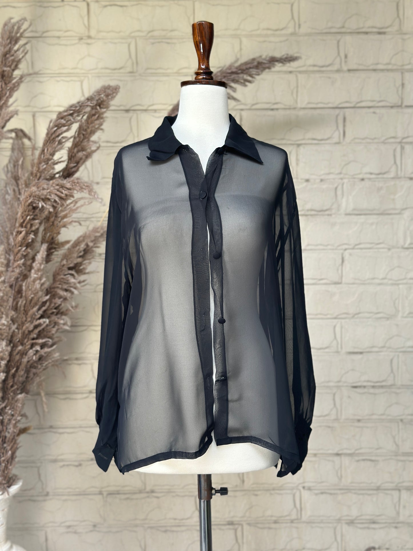Black Sheer Chiffon Button-Down Shirt