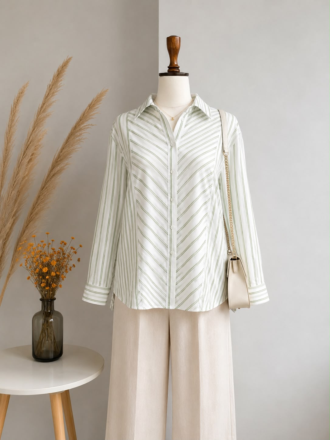 Sage Green Chevron Striped Long-Sleeve Button-Down Shirt