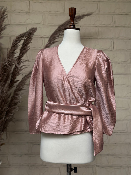 Dusty Rose Shimmer Puff-Sleeve Wrap Top