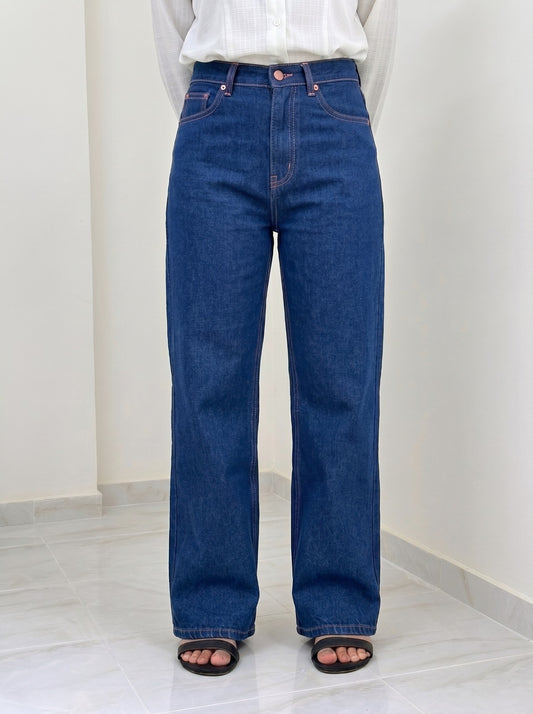 Dark Blue Wide-Leg Denim Pants with Contrast Stitching