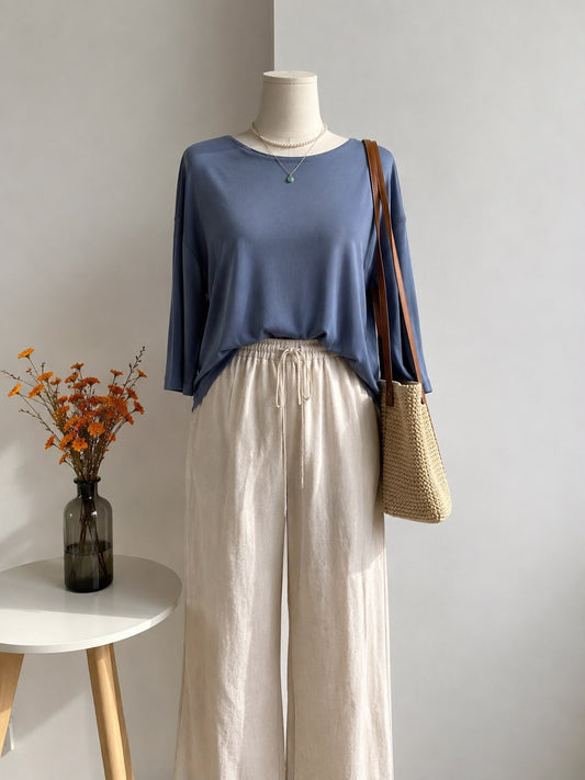 Muted Ocean Blue Soft Jersey Relaxed Top