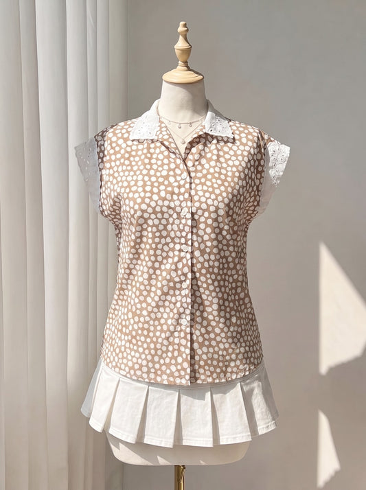 Beige Polka Dot Button-Down Shirt with Broderie Anglaise Trim