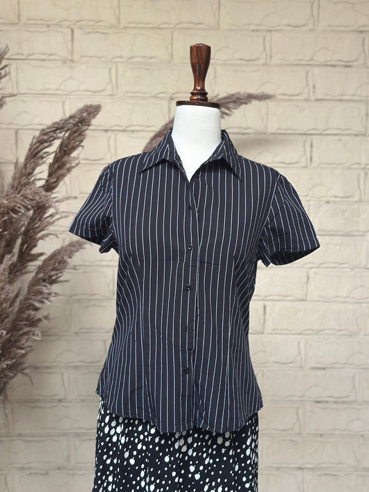 Classic Black Vertical Stripe Short-Sleeve Office Top