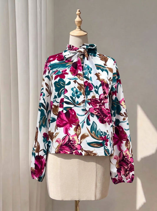 Magenta Floral Print Tie-Neck Blouse – Long Sleeve Bow Neck Satin Top