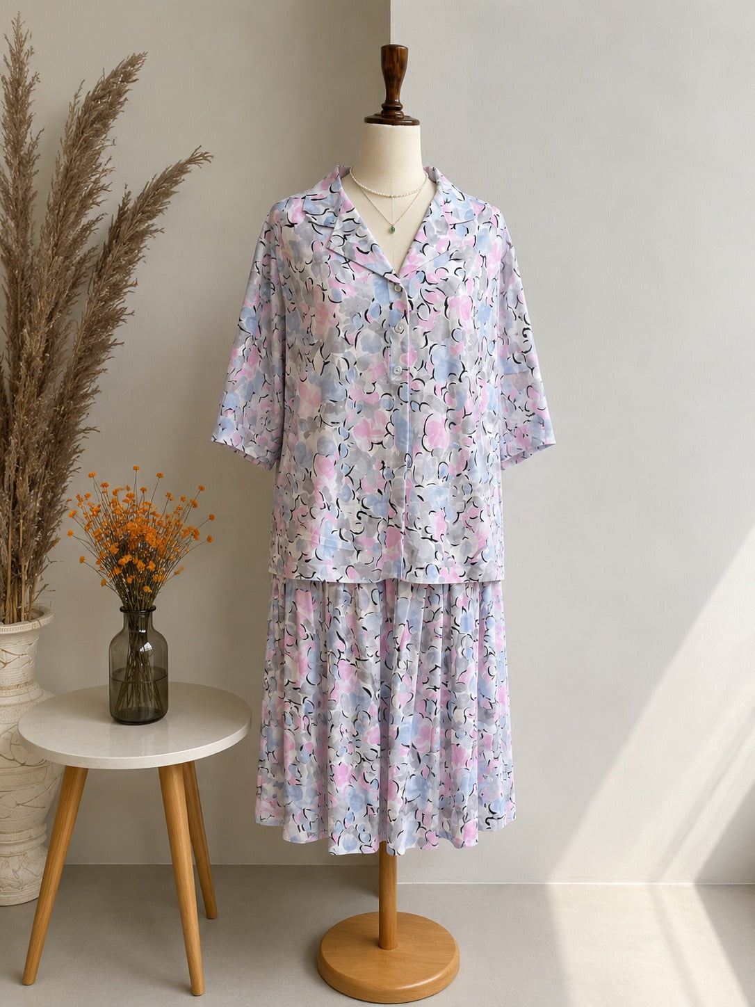 Pastel Floral Two-Piece Short-Sleeve Top and Skirt Set