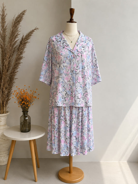 Pastel Floral Two-Piece Short-Sleeve Top and Skirt Set