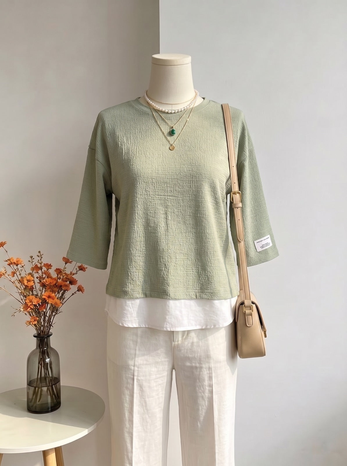 Sage Green Crinkle-Textured Layered 3/4 Sleeve Top