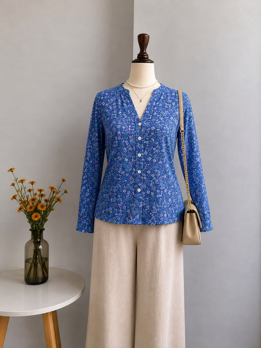 Blue Floral Printed Mandarin Collar Top – Long Sleeve Button-Down Top