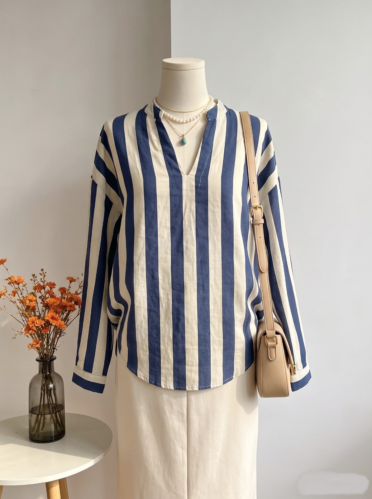 Navy & Cream Wide-Stripe Split-Neck Top