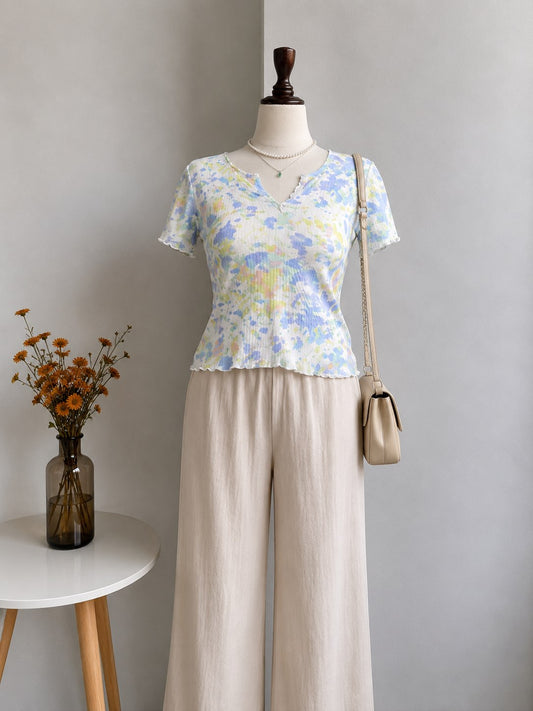 Multicolor Watercolor Print Fine-Ribbed Henley Tee