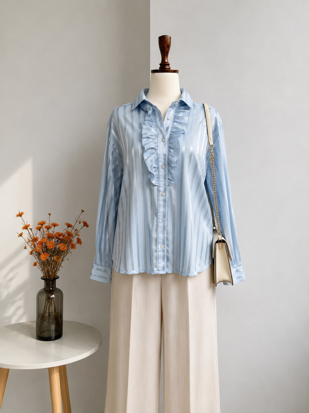 Sky Blue Satin Striped Ruffle-Front Button-Down Shirt