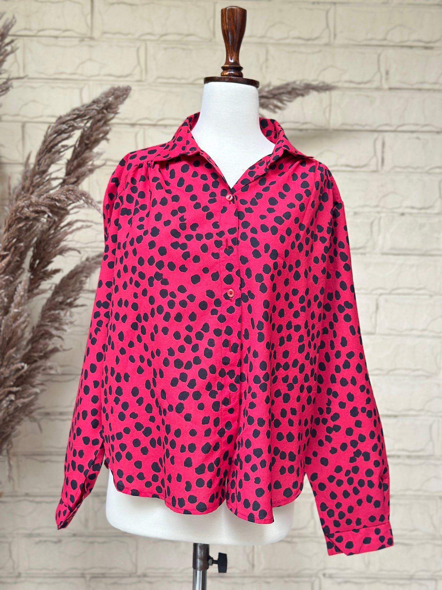 Red & Black Animal Spot Long-Sleeve Shirt