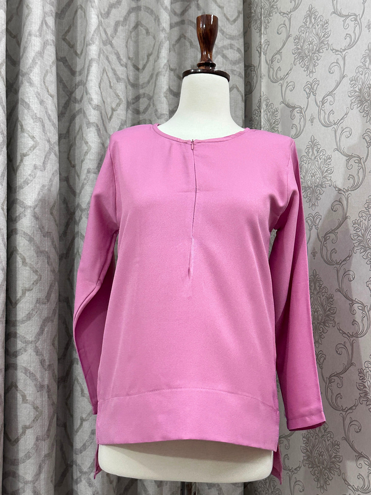 Pink Crewneck Long Sleeve Blouse – Front Pleat Step Hem Tunic Top