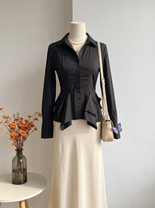 Black Structured Corset-Style Peplum Shirt