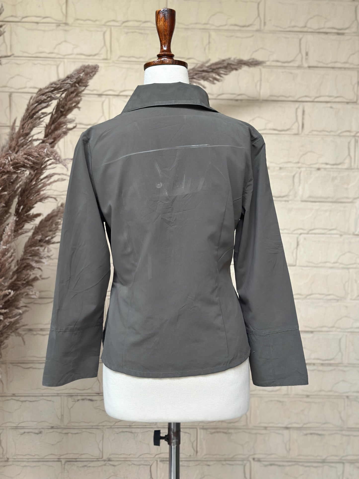Charcoal Grey Satin Long-Sleeve Button-Down Shirt