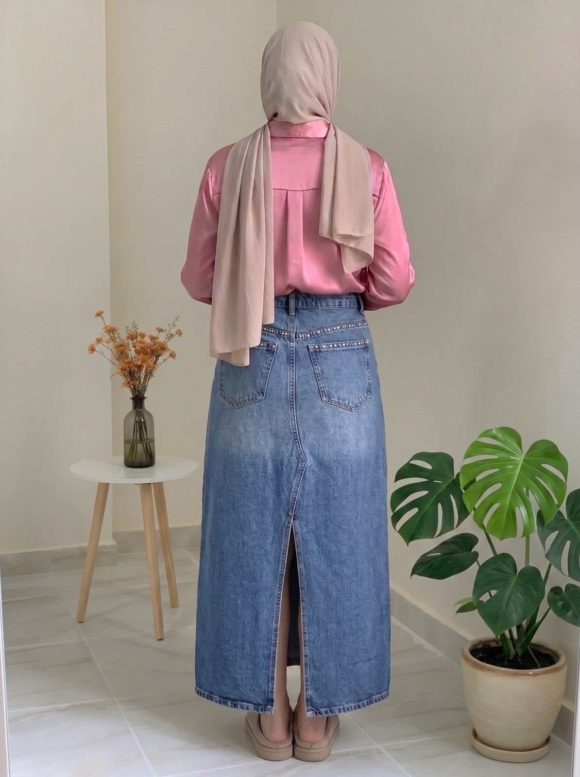 Classic Blue Denim Maxi Skirt with Studded Side Trim & Back Slit