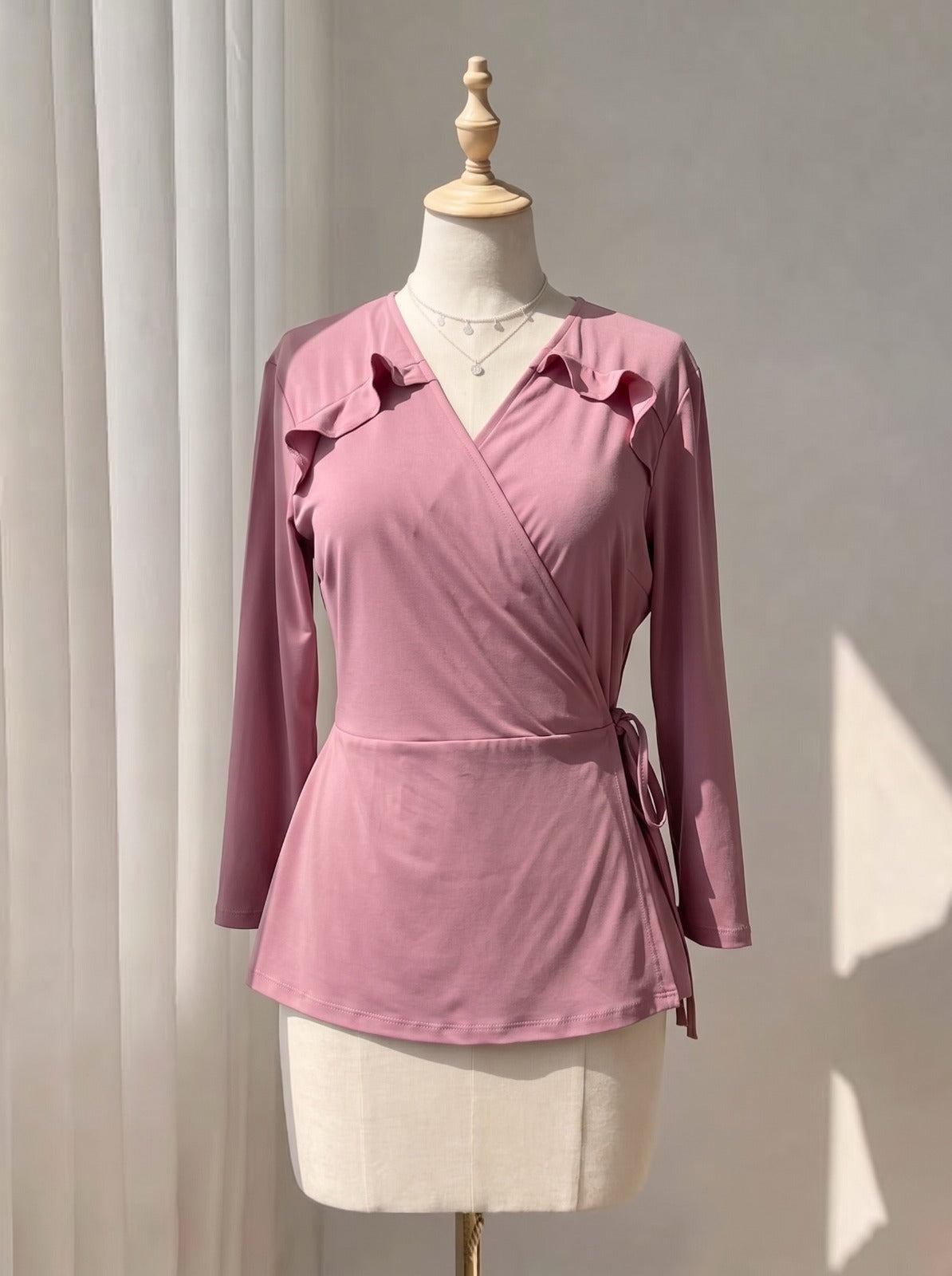 Dusty Rose Long Sleeve Wrap Blouse – Ruffle Collar Side Tie Top