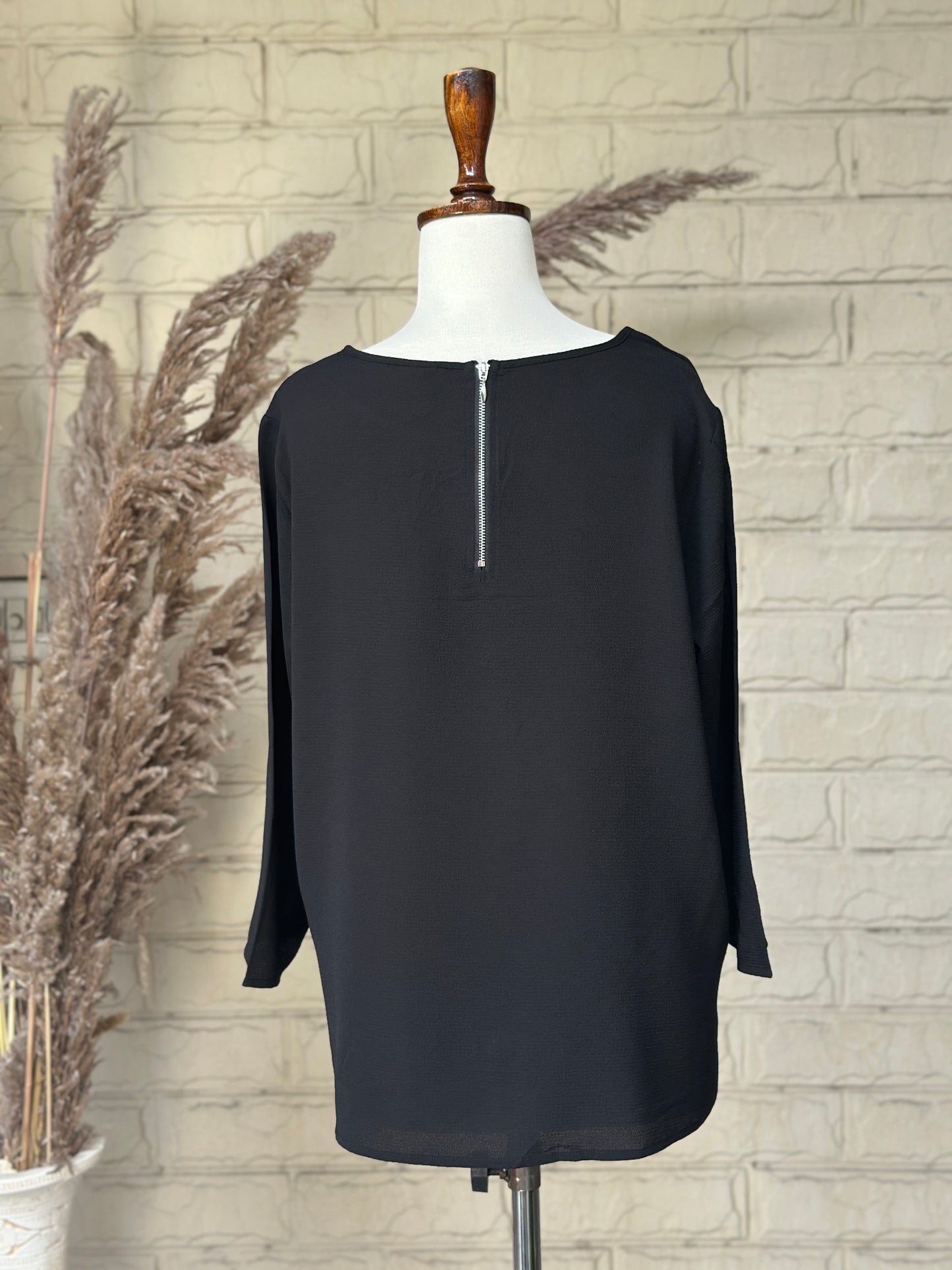 Black Textured Boatneck Long-Sleeve Blouse