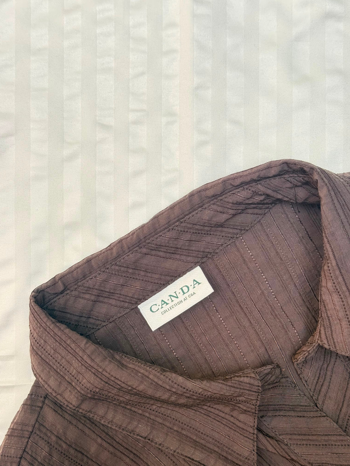 Dark Brown Textured Vertical Striped Long-Sleeve Button-Up Shirt with Flap Pockets