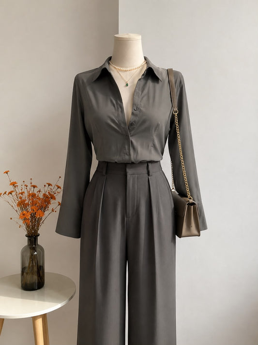 Charcoal Grey Satin Long-Sleeve Button-Down Shirt