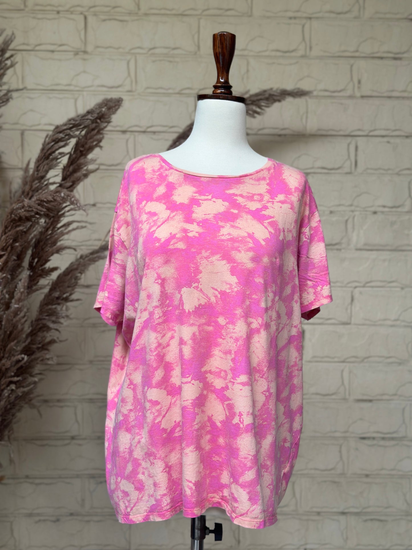 Bubblegum Pink Bleach-Wash Crewneck Tee
