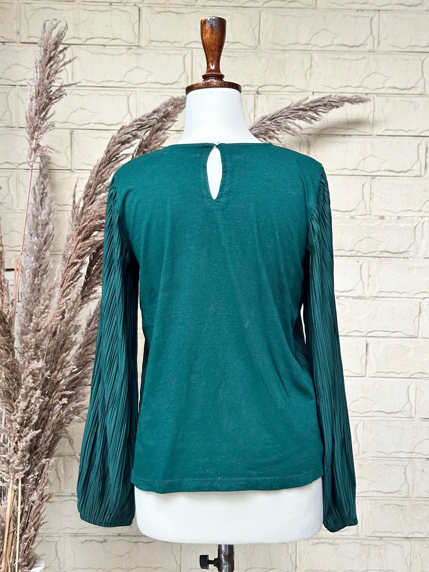 Emerald Green Lace Trim Micro-Pleated Long-Sleeve Blouse