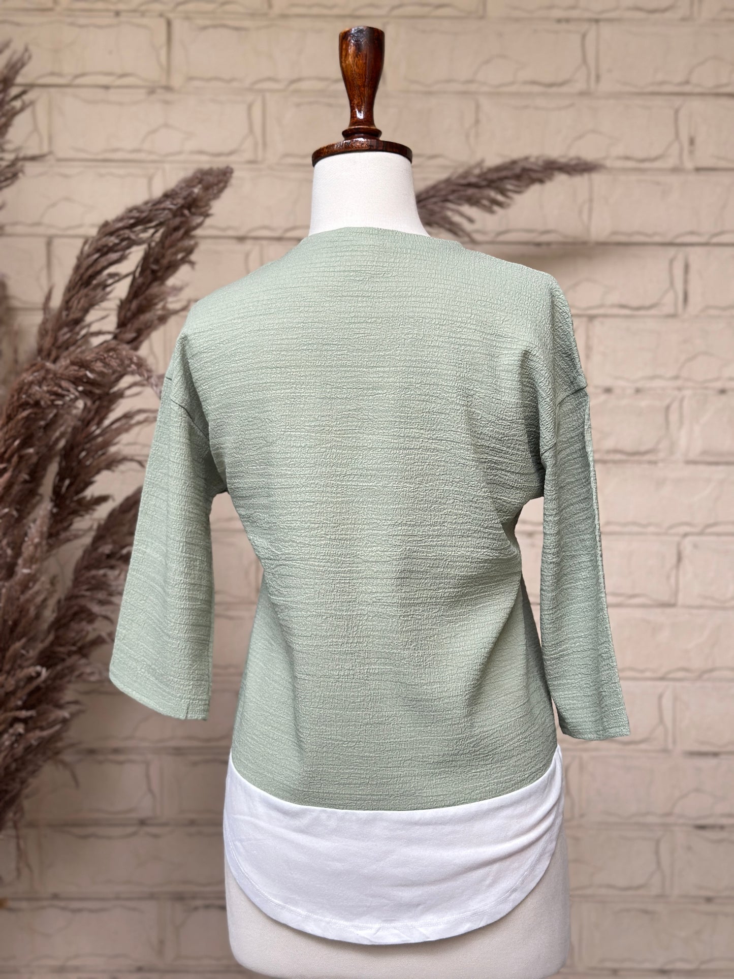 Sage Green Crinkle-Textured Layered 3/4 Sleeve Top