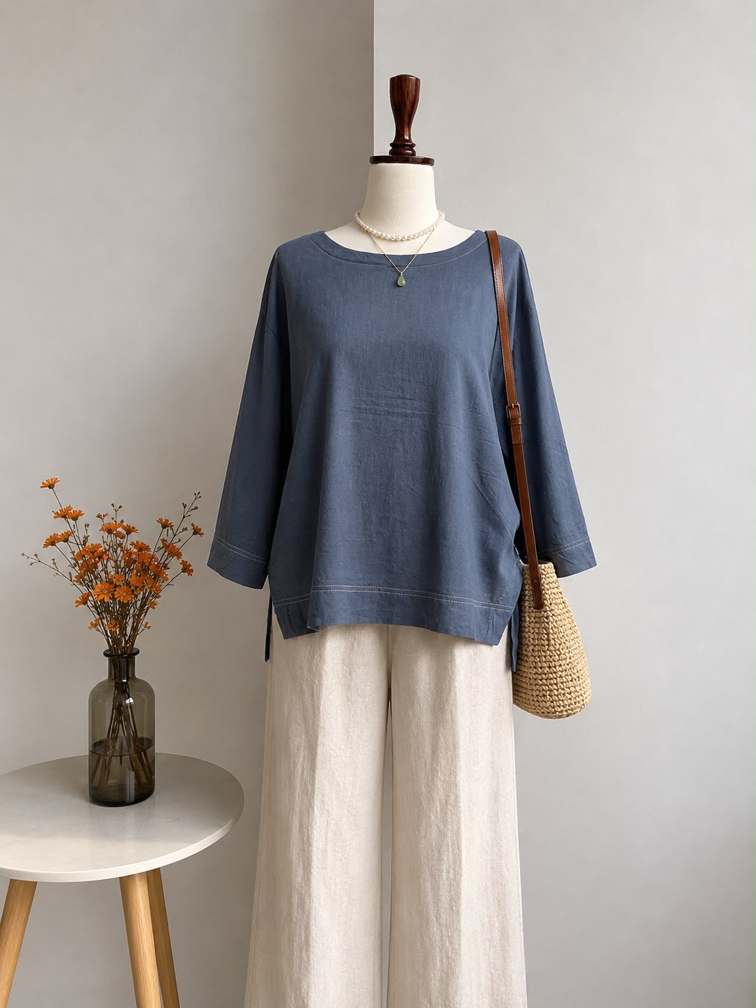 Slate Blue Linen-Blend Boatneck Top with Contrast Stitching