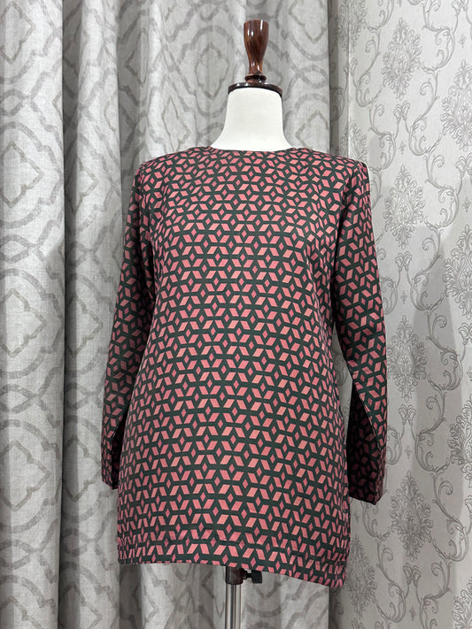 Geometric Geometric Print Long Sleeve Top – Pink & Charcoal Crewneck Tunic Blouse