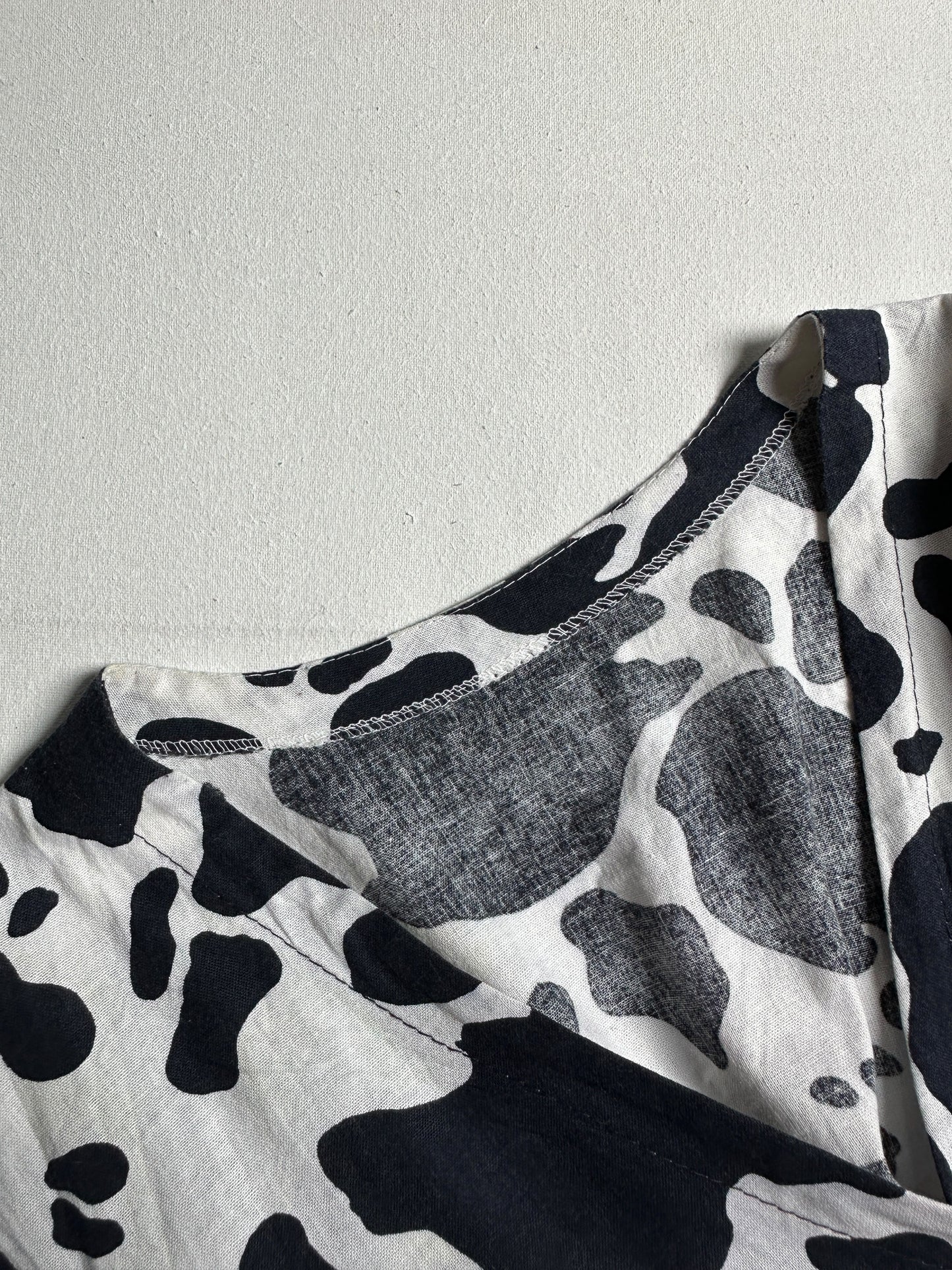 Monochrome Cow Print Front-Knot Top & Black Layered Dress Combo