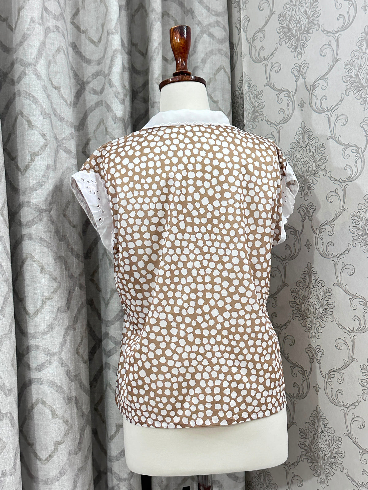 Beige Polka Dot Button-Down Shirt with Broderie Anglaise Trim