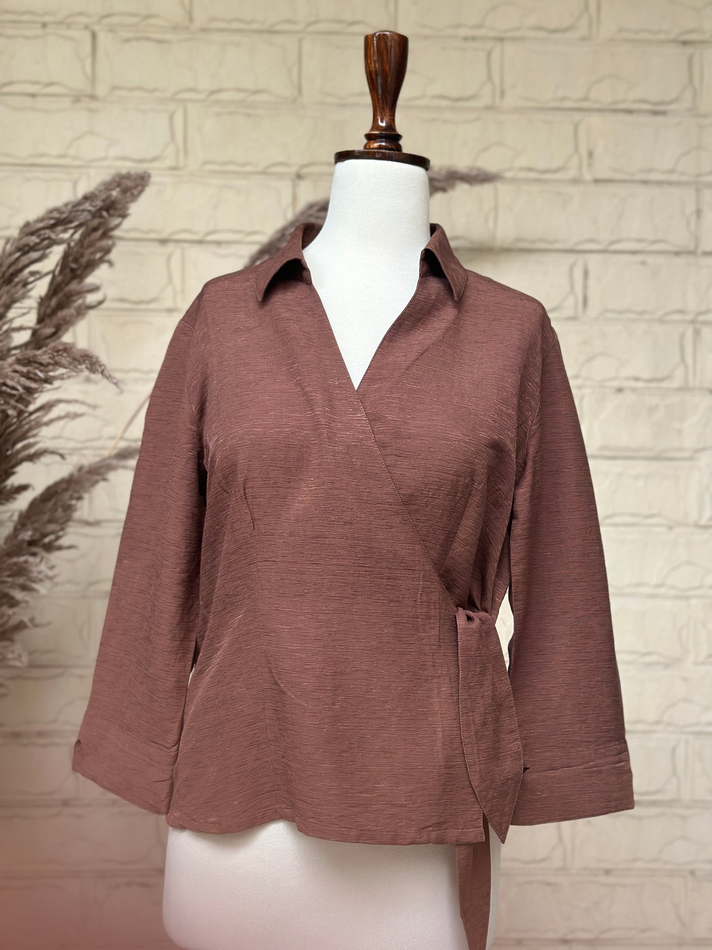 Chocolate Brown Crinkle-Textured Collared Wrap Top