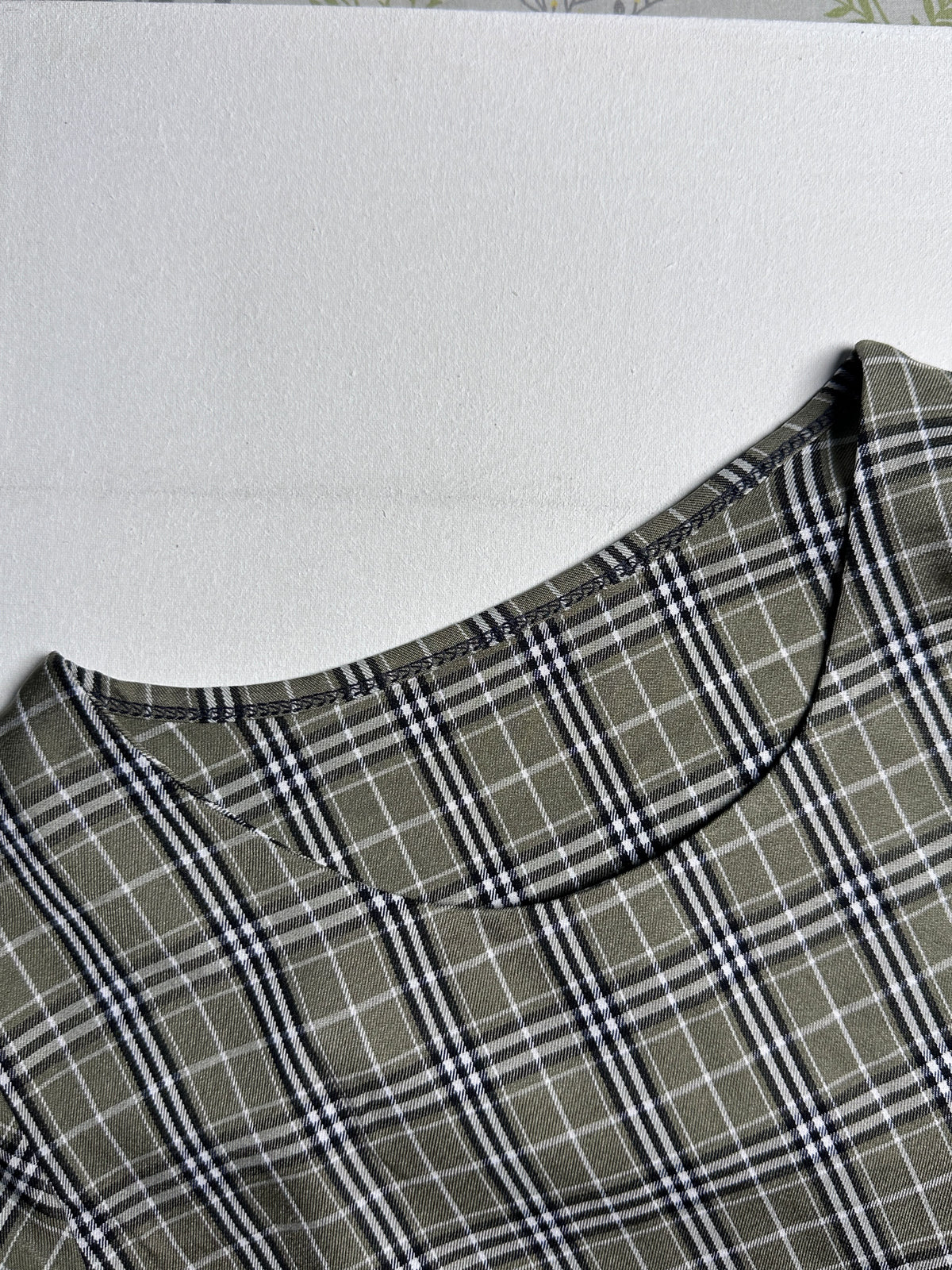 Olive Sage Plaid Long Sleeve Blouse – Smocked Ruffle Cuffs Crewneck Top