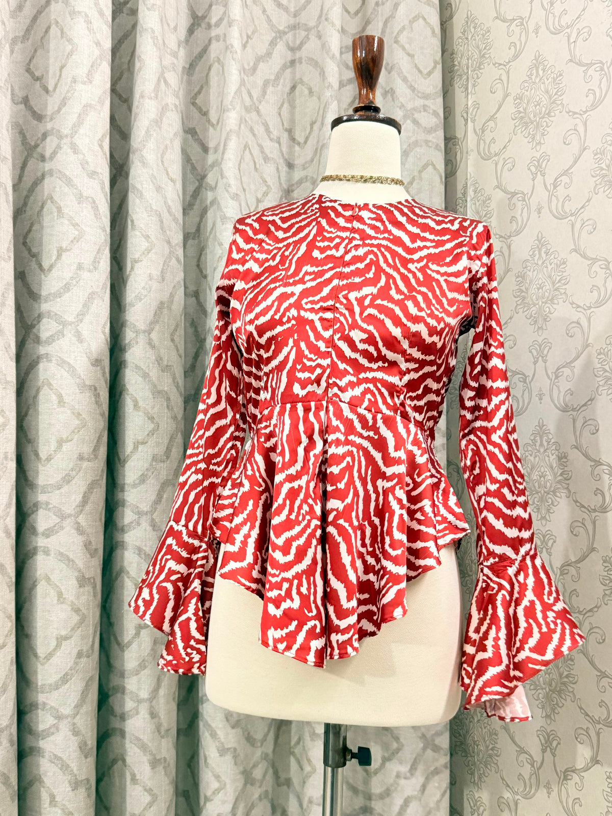 Fiery Wave Print Asymmetric Peplum Top