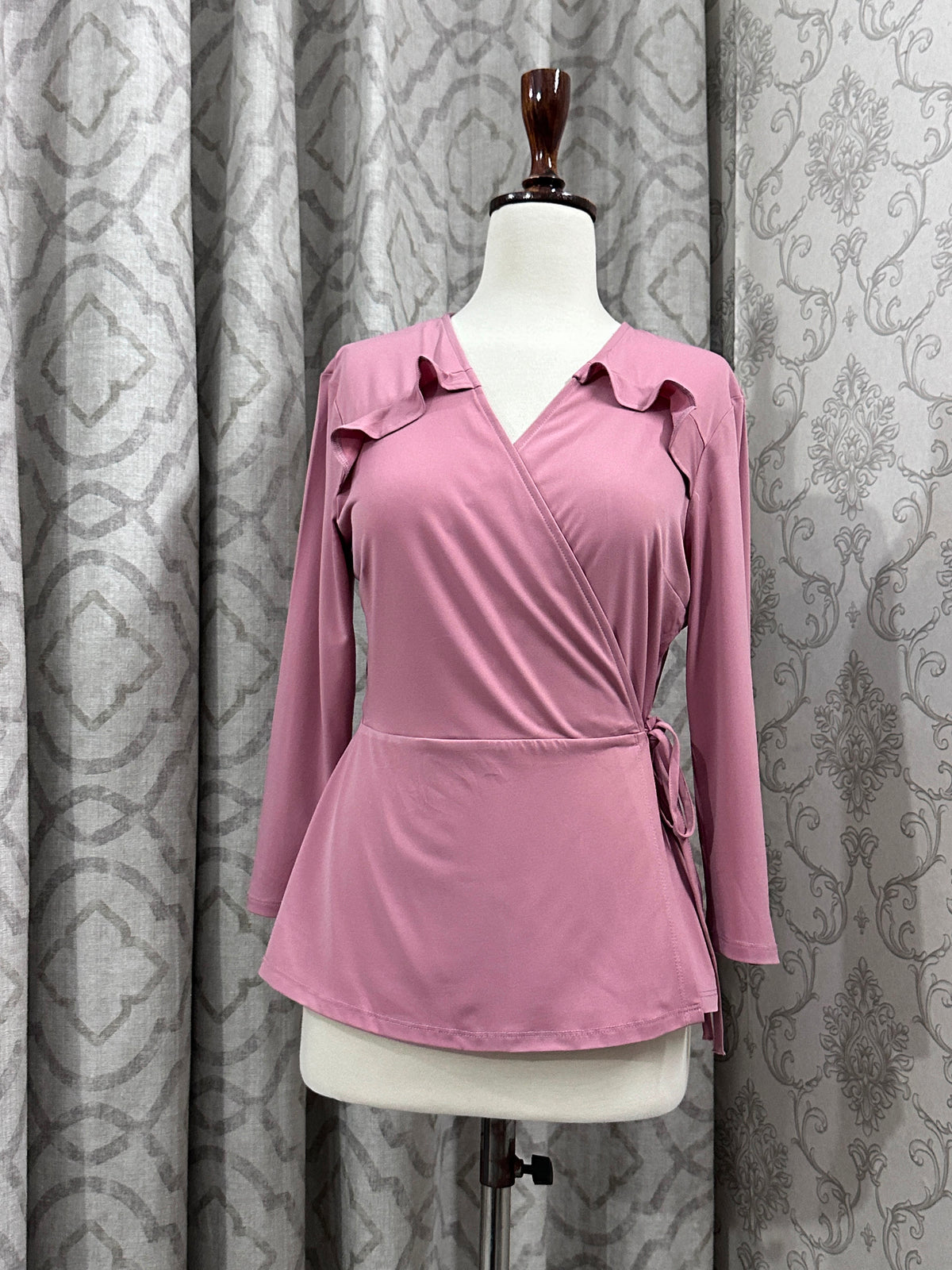 Dusty Rose Long Sleeve Wrap Blouse – Ruffle Collar Side Tie Top