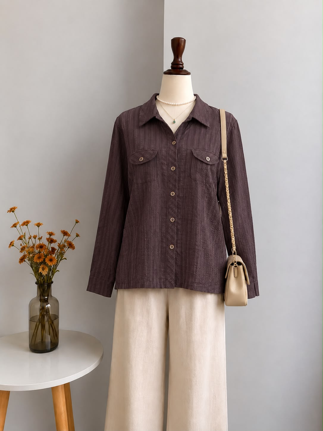 Dark Brown Textured Vertical Striped Long-Sleeve Button-Up Shirt with Flap Pockets