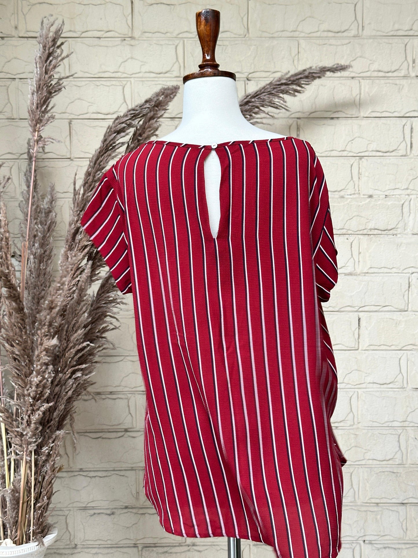 Wine Red Vertical Striped Short-Sleeve Boatneck Top