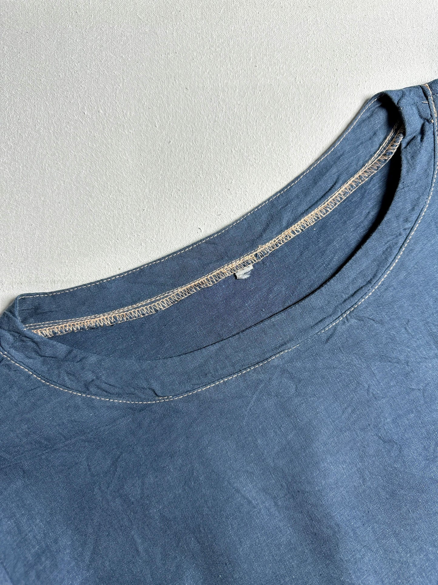 Slate Blue Linen-Blend Boatneck Top with Contrast Stitching