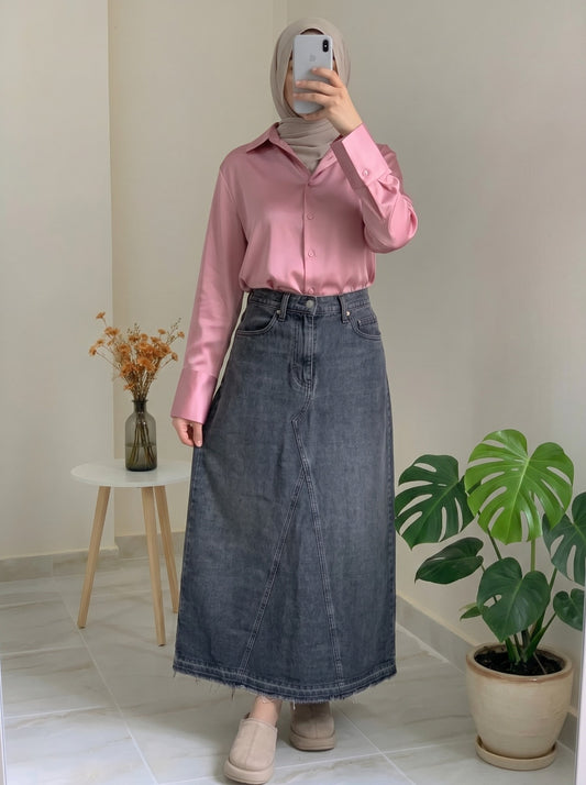 High-Waisted Dark Grey Denim Long Skirt with Raw Hem