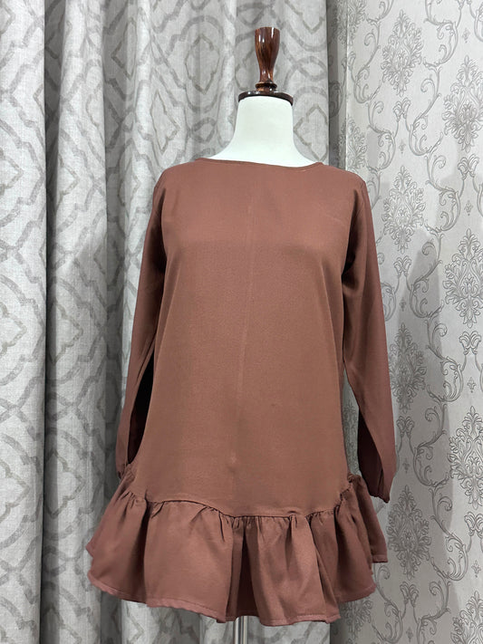 Chic Dusty Pink Long Sleeve Tunic Top with Flounce Ruffle Hem