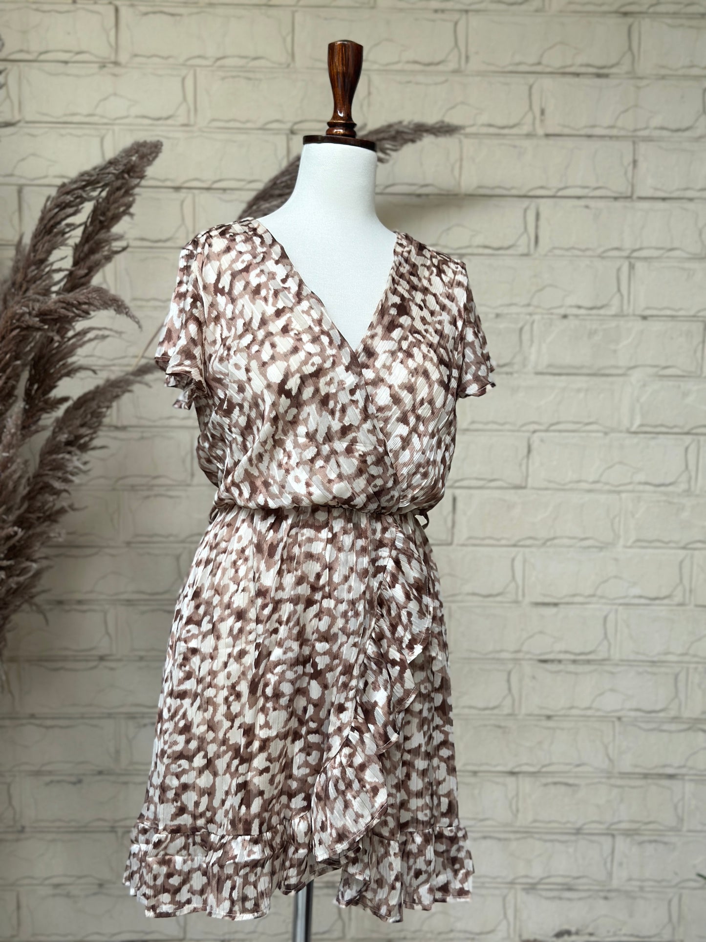 Brown Abstract Print Ruffle Wrap Dress