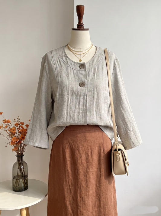 Oatmeal Linen-Blend Round-Neck Button-Front Jacket Top