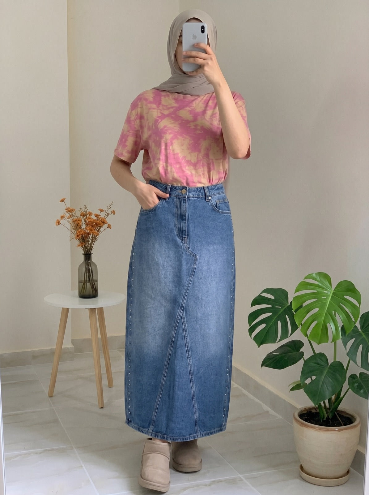 Classic Blue Denim Maxi Skirt with Studded Side Trim & Back Slit