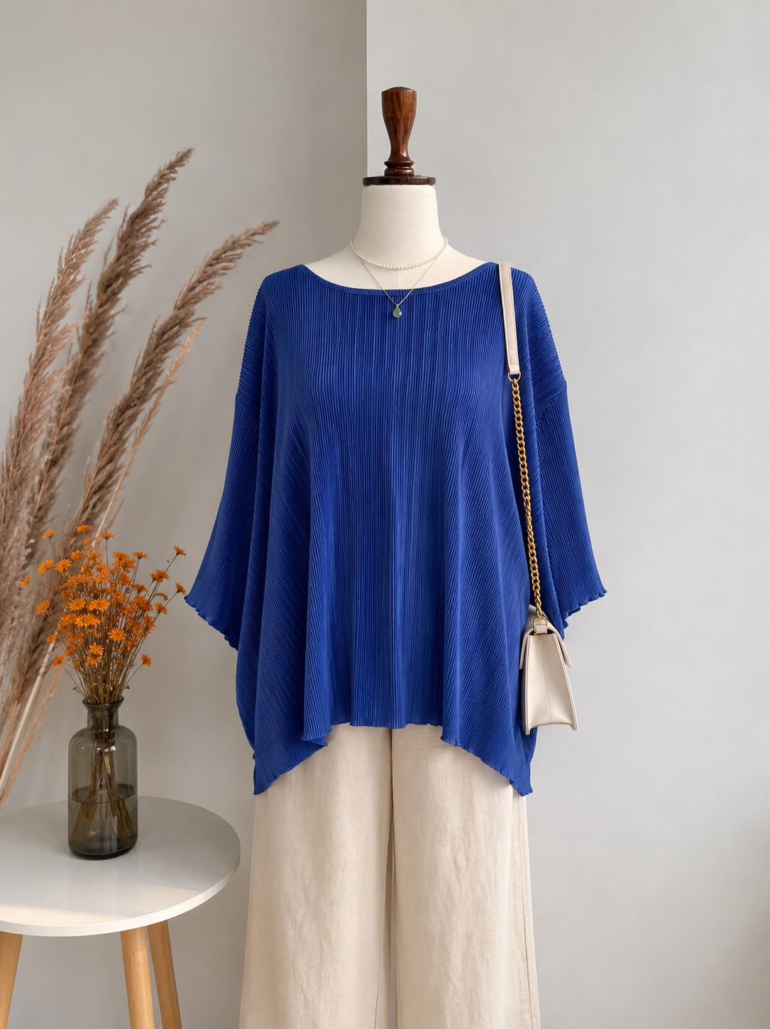 Electric Blue Fine-Pleated Boatneck Blouse