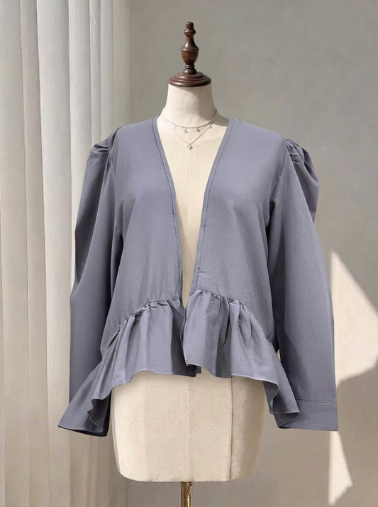 Slate Grey Open-Front Tie Top – Puff Long Sleeve Ruffle Peplum