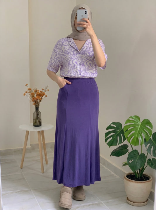 Deep Purple Elastic Waist Long Skirt