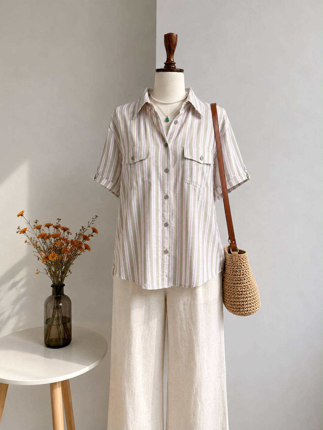 Beige Vertical Stripe Safari-Style Short-Sleeve Blouse