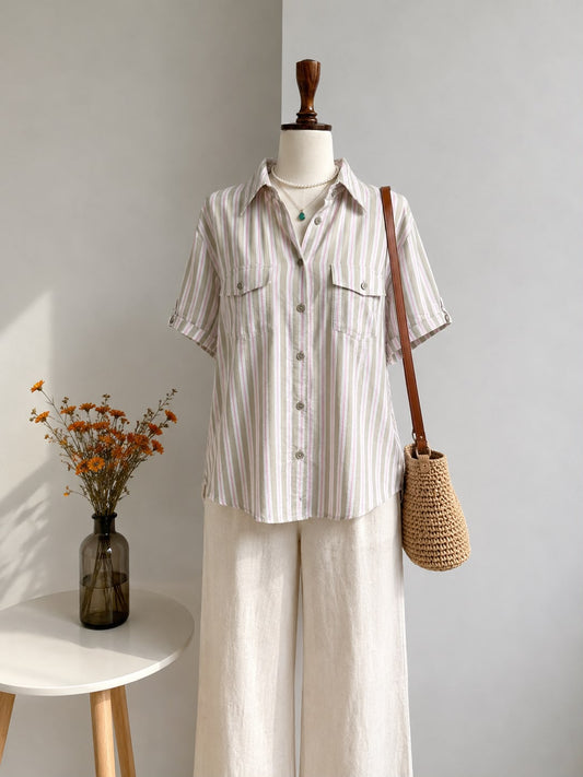 Beige Vertical Stripe Safari-Style Short-Sleeve Blouse