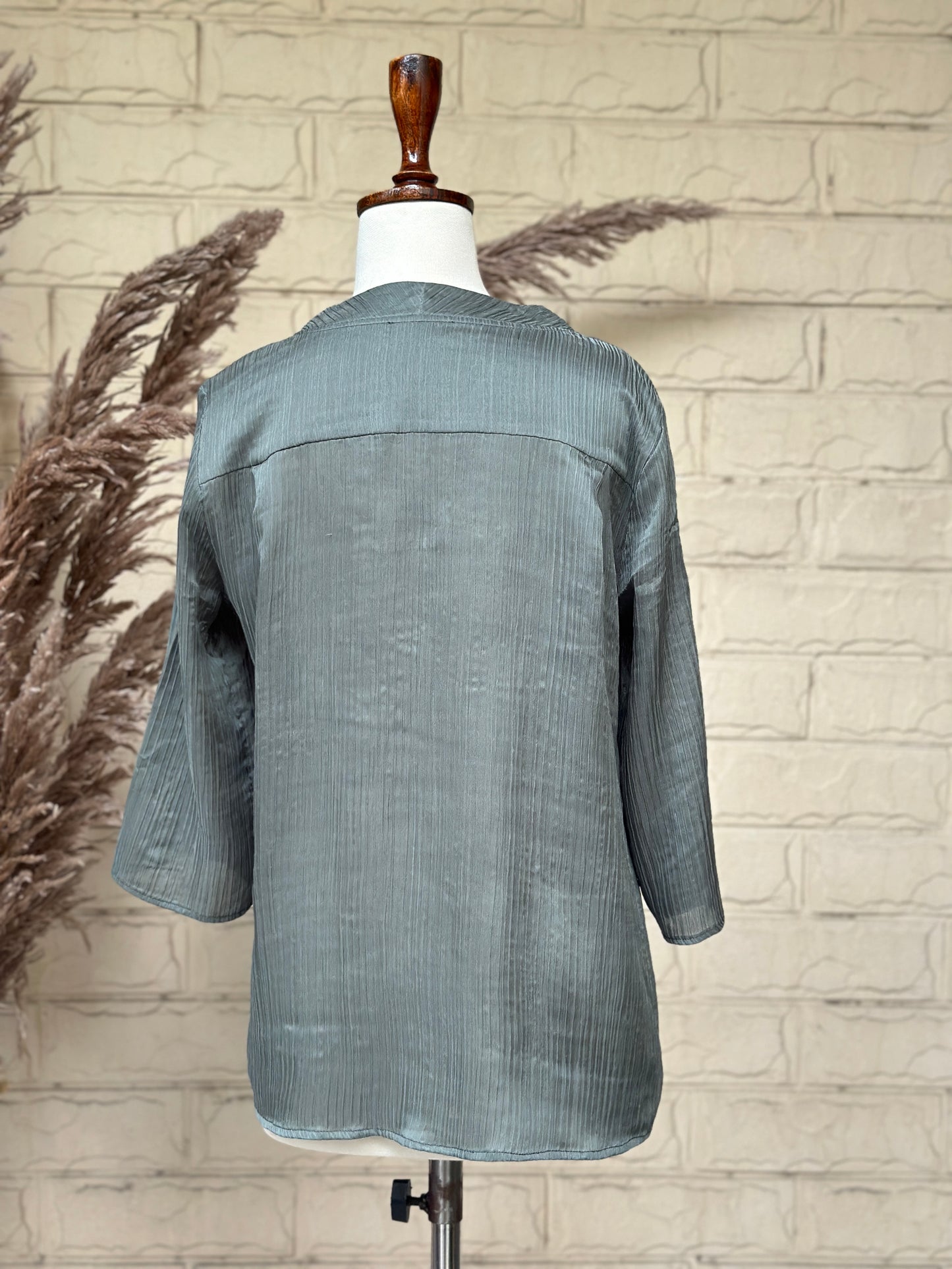 Crinkled V-Neck Tunic Blouse in Sage
